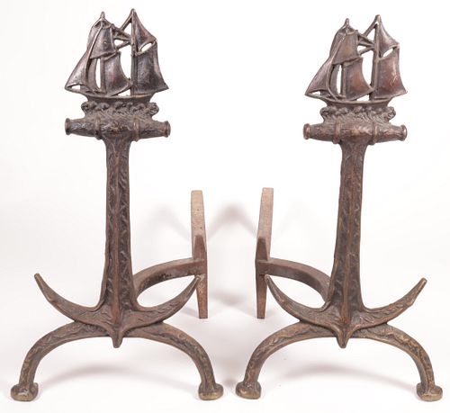 PAIR OF PATINATED CAST BRONZE "SHIP