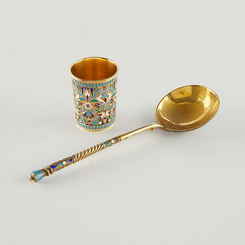 RUSSIAN ENAMEL SERVING SPOON AND 37e95f