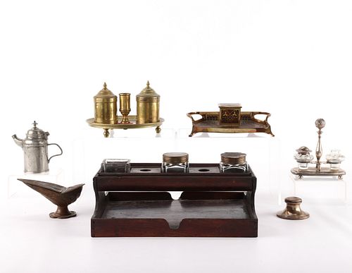 7 METAL INKWELLS - STERLING, BRASS,