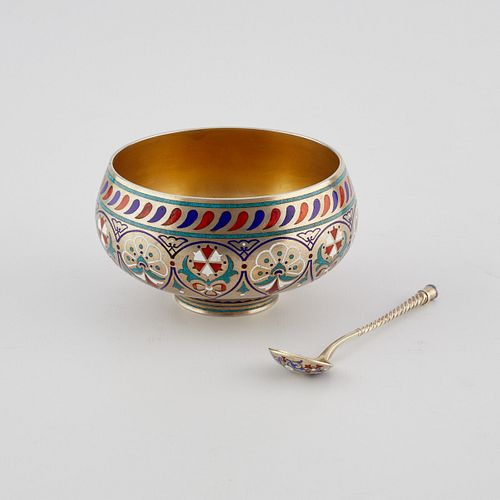 RUSSIAN SILVER ENAMEL BOWL W/ SPOONRussian