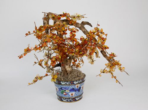 CHINESE CARNELIAN TREE IN A CLOISONNE