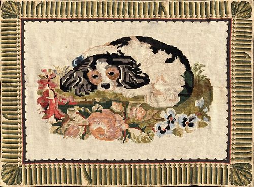 SPANIEL ON A BED OF FLOWERS NEEDLEPOINT