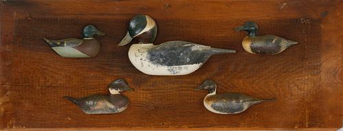 5 ANTIQUE DUCK DECOYS MOUNTED ON