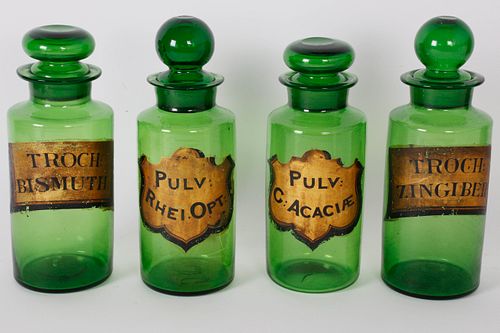 FOUR GREEN GLASS APOTHECARY BOTTLESFour 37ece3