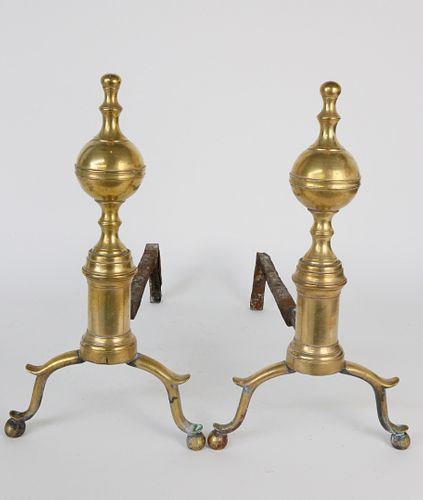 PAIR OF NEW YORK BRASS BALL AND