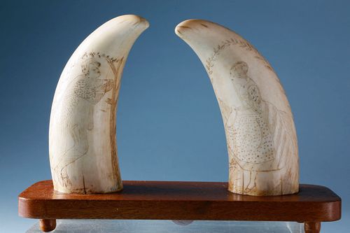 PAIR OF ANTIQUE SCRIMSHAW SPERM WHALE