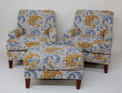 PAIR OF BLUE AND GOLD FLORAL UPHOLSTERED