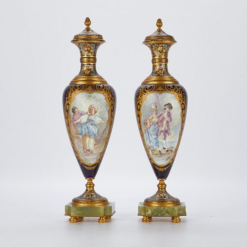 PR SEVRES STYLE URNS W CHAMPLEVE 37edd3