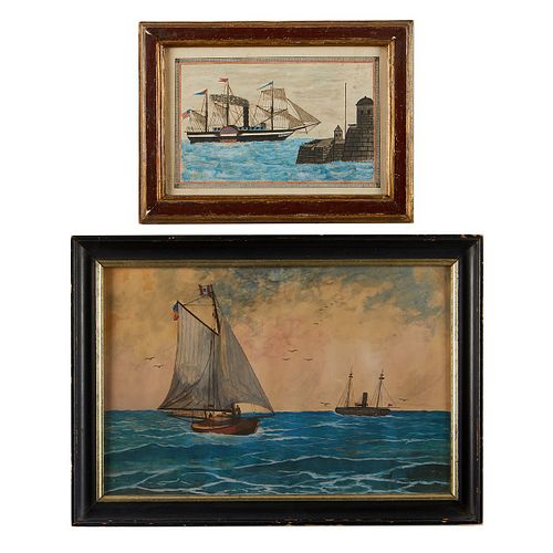 2 NAUTICAL WATERCOLOR FOLK PAINTINGSGroup 37ee8e