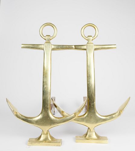 PAIR OF BRASS ANCHOR ANDIRONS,