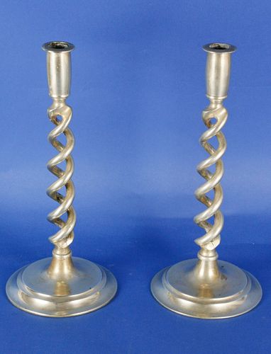 PAIR OF BRASS BARLEY TWIST COLUMN CANDLESTICKS,