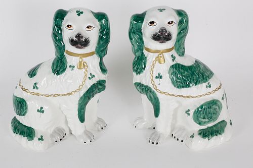 PAIR OF GREEN AND WHITE STAFFORDSHIRE