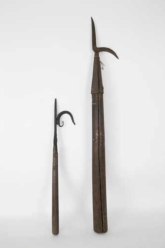 TWO WROUGHT IRON AND WOOD GAFFS,