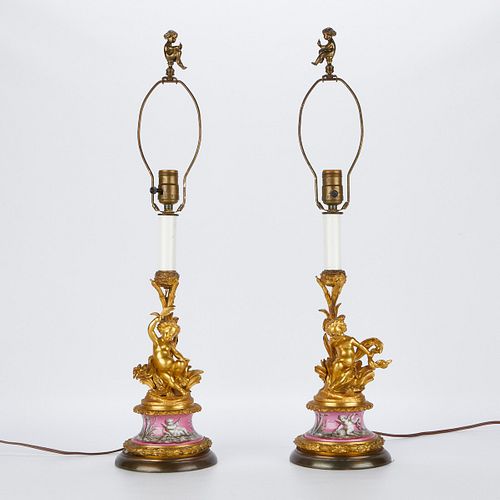 PAIR OF GILT BRONZE CHERUB LAMPS