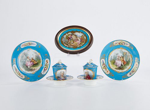 7 BLEU CELESTE SEVRES STYLE FRENCH PORCELAINGroup