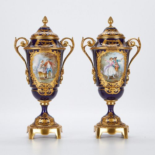 PR SEVRES STYLE COBALT BLUE VASES 37f3b1