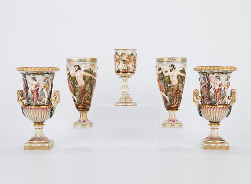 5 CAPODIMONTE PORCELAIN GOBLETS 37f3b5