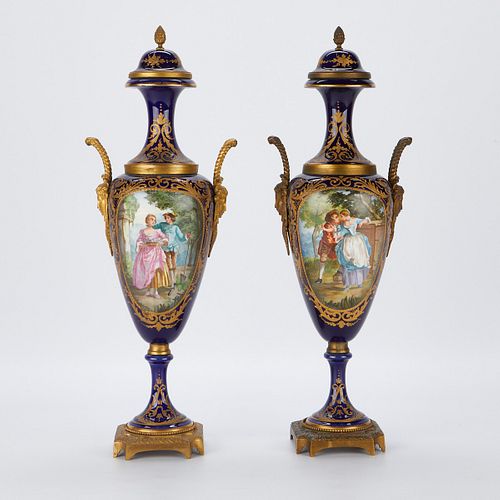 PAIR OF FRENCH SEVRES STYLE URNS