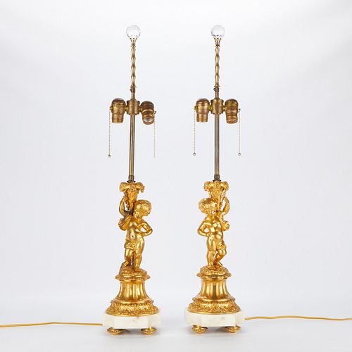 PAIR FRENCH GILT CHERUB LAMPS W  37f3c4