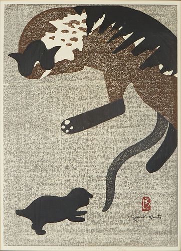 KIYOSHI SAITO MOTHER LOVE CAT WOODBLOCK
