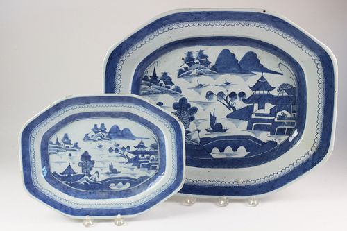 TWO BLUE AND WHITE CANTON PLATTERS  37f50f