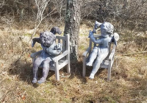 PAIR OF LEAD BACCHUS CHERUB GARDEN 37f58c