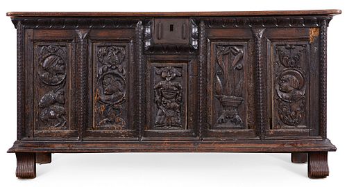 FLEMISH CARVED WOOD DOWRY CHESTLarge