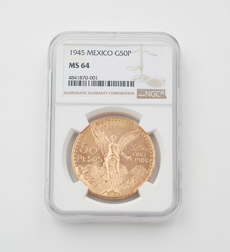 1945 MEXICO 50 PESOS GOLD COIN NGC MS64One