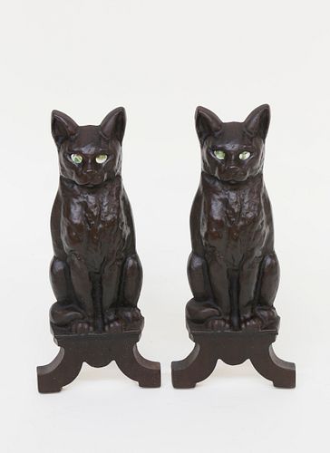 PAIR OF CAST IRON SEATED CAT ANDIRONS,