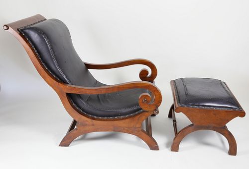 MAHOGANY AND BLACK LEATHER UPHOLSTERED