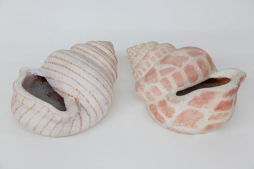 PAIR OF LARGE SEASHELL PAINT DECORATED