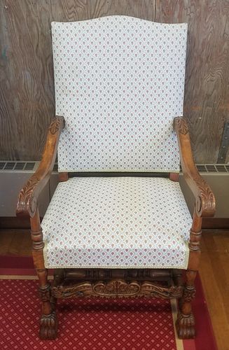 WALNUT UPHOLSTERED HIGH-BACK ARMCHAIRCarved