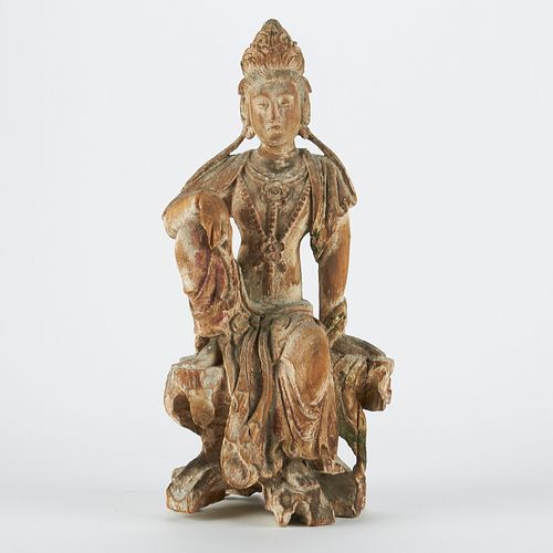 EARLY CHINESE CARVED WOOD AND GESSOED
