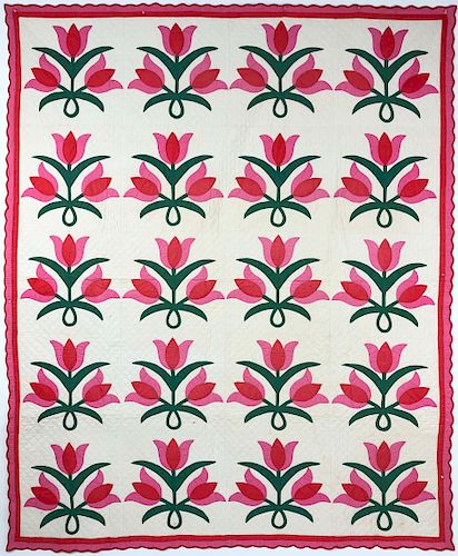 RED AND PINK TULIP APPLIQUE QUILT 37f9cc