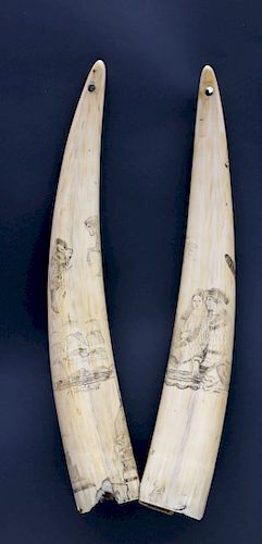 PAIR OF SCRIMSHAWED WALRUS TUSKS, 19TH