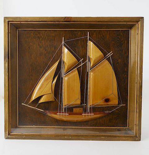 CARVED WOOD SCHOONER SHADOW BOX 37fa2a