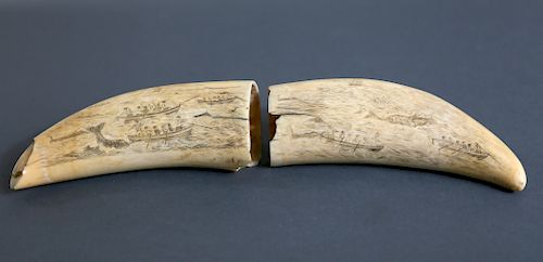 PAIR OF WHALEMAN SCRIMSHAWED WHALE