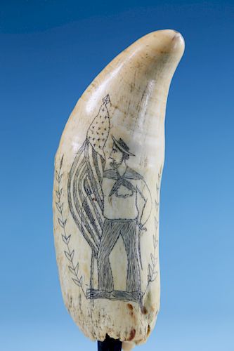 WHALER SCRIMSHAWED WHALE TOOTH OF JACK
