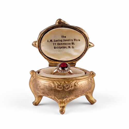 GOLD RUBY PEARL RING W/ ART NOUVEAU