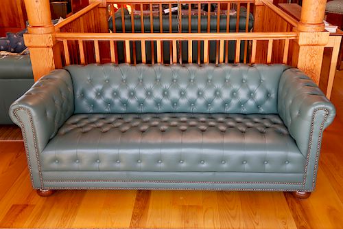 GREEN-TEAL LEATHER CHESTERFIELD STYLE