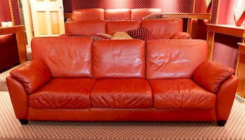 RED LEATHER UPHOLSTERED OVER-STUFFED