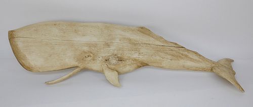 CARVED WOOD WHALE IN A WHITE WASHED 37d937