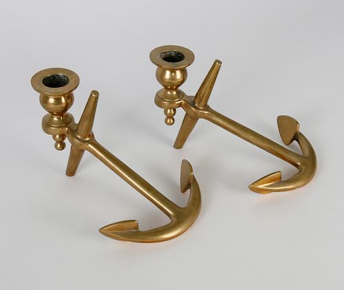 PAIR OF TABLETOP BRASS ANCHOR CANDLESTICKSPair