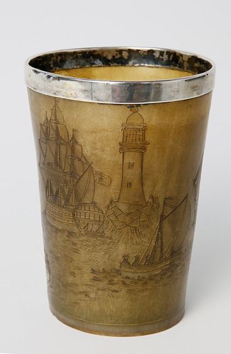 ENGLISH SCRIMSHAW HORN CUP WITH 37da2e