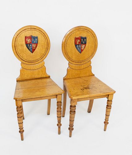 PAIR OF ENGLISH OAK HALL CHAIRS,