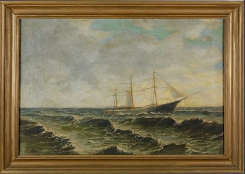 OIL ON CANVAS SAILING SHIP IN ROUGH