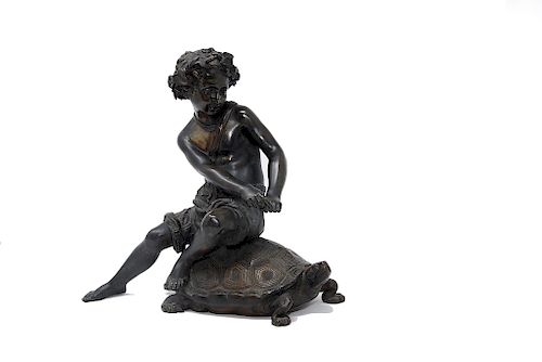 ANTIQUE BRONZE SCULPTURE BOY RIDING 37dbe1