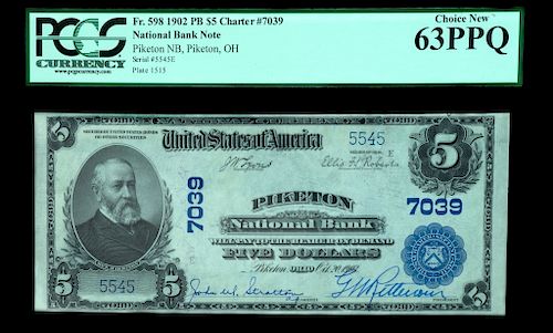 1902 US 5 NATIONAL BANK NOTE PIKETON 37dc11