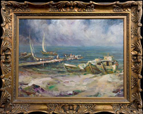 HARBOR SEASCAPE OIL PAINTING SIGNED 37dcbe