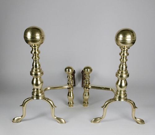 PAIR OF BOSTON BRASS BALL TOP ANDIRONS  37ddac